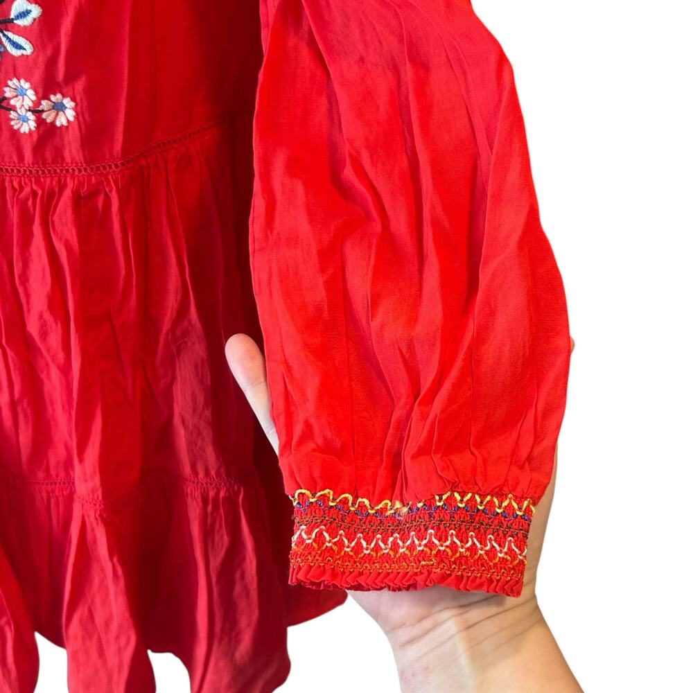 Free People Red Tiered Mini Dress Womens Sz Medium Sunbeams Embroidered Boho - Picture 13 of 16